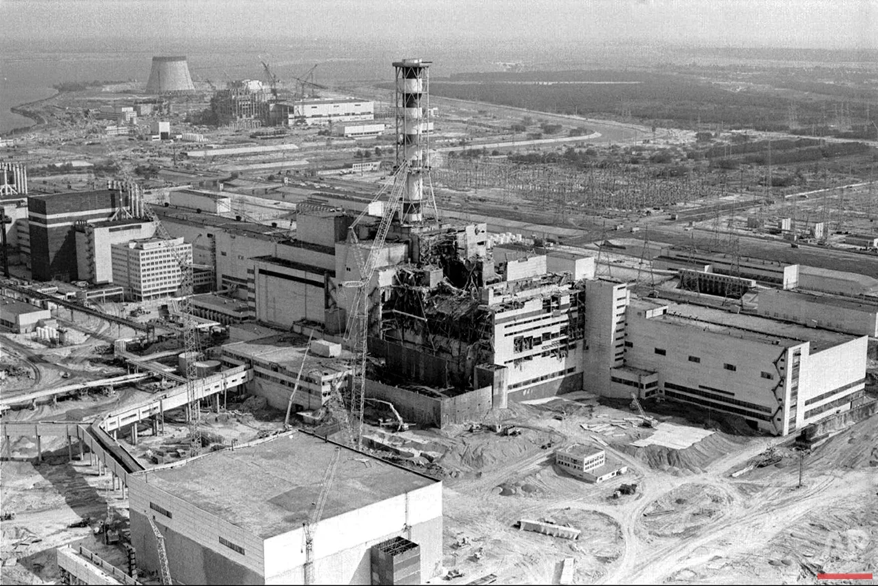 Aerial view of the destroyed reactor four at the Chernobyl nuclear power plant after the April 1986 explosion and fire